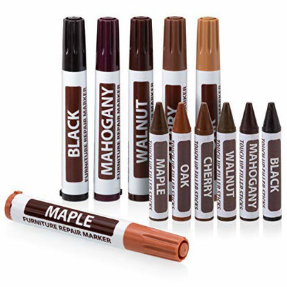 Picture of Ram-Pro Furniture Markers Touch Up Repair System - 12Pc Scratch Restore Kit - 6 Felt Tip Wood Markers, 6 Wax Stick Crayons | Colors: Maple, Oak, Cherry, Walnut, Mahogany, Black