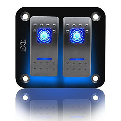Picture of FXC Rocker Switch Aluminum Panel 2 Gang Toggle Switches Dash 5 Pin ON/Off 2 LED Backlit for Boat Car Marine Blue