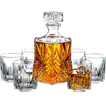 Picture of Paksh Novelty 7-Piece Italian Crafted Glass Decanter & Whisky Glasses Set, Elegant Whiskey Decanter with Ornate Stopper and 6 Exquisite Cocktail Glasses