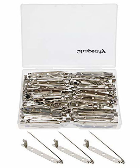 Picture of Shapenty Metal 3 Holes Brooch ID Name Badge Safety Catch Locking Pin Backs Clasp DIY Craft Blank Pin Backing for Jewelry Findings,45mm/1.8 Inch, 60PCS