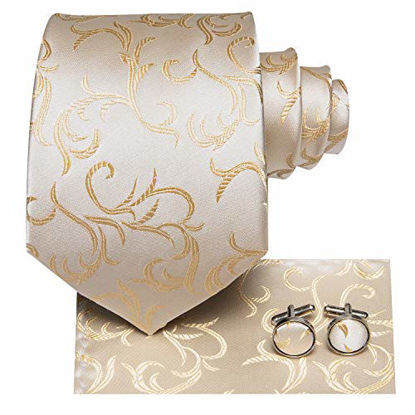 Picture of Hi-Tie Mens Wedding Beige Necktie with Pocket Square Cufflinks Set