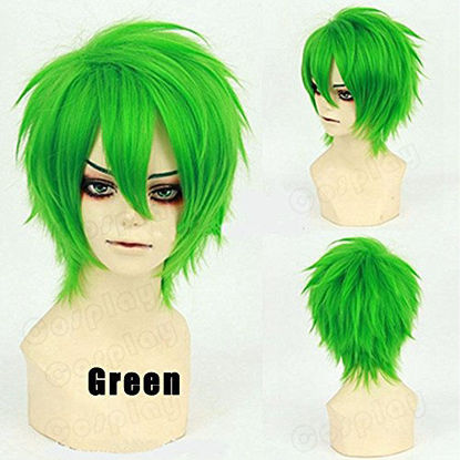 Picture of S-noilite Short Cosplay Full Wig Women Mens Male Anime Fluffy Straight Synthetic Hair Wig Cool Halloween Party Costume (Green)