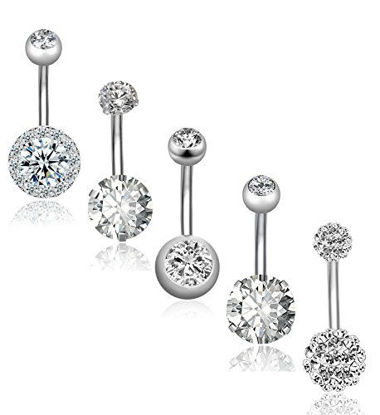 Picture of REVOLIA 5Pcs 14G Stainless Steel Belly Button Rings for Women Girls Navel Rings CZ Body Piercing S