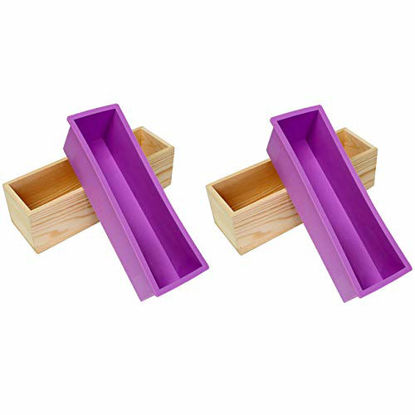 Picture of Ogrmar Flexible Rectangular Soap Silicone Mold with Wood Box DIY Tool for Soap Cake Making 42oz (Purple-2PCS)
