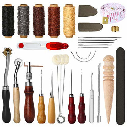Picture of Electop 31 Pcs Leather Sewing Tools DIY Leather Craft Tools Hand Stitching Tool Set with Groover Awl Waxed Thread Thimble Kit