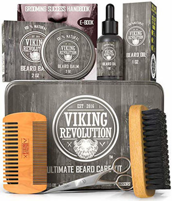 Picture of Viking Revolution Beard Care Kit for Men - Ultimate Beard Grooming Kit includes 100% Boar Mens Beard Brush, Wooden Beard Comb, Beard Balm, Beard Oil, Beard & Mustache Scissors in a Metal Box