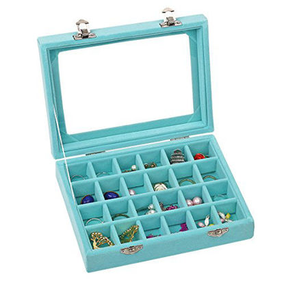 Picture of Ivosmart Velvet Glass Jewelry Ring Display Organiser Box Tray Holder Earrings Storage Case (Light Blue)