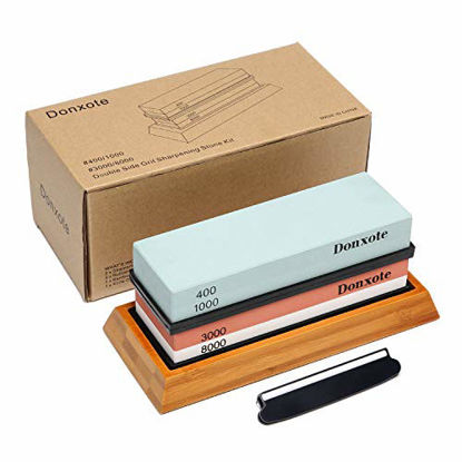 Picture of Donxote Knife Sharpening Stone, 400/1000 3000/8000 Double Side Grit Waterstone, Professional Chef Whetstone Sharpener, NonSlip Bamboo Base & Angle Guide