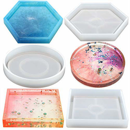 Picture of 3 Pack DIY Coaster Silicone Mold, Include Round, Square, Hexagon, Molds for Casting with Resin, Cement