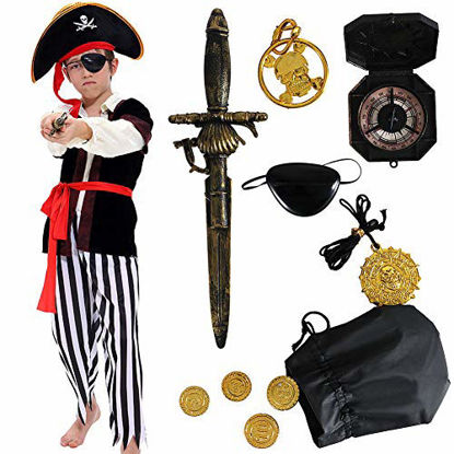 Picture of Pirate Costume Kids Deluxe Costume Pirate Dagger Compass Earring Purse for Halloween Party (M)