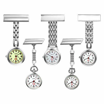 Picture of Nurse Watch with Second Hand for Women and Men Doctor Paramedic Tunic Lapel Pin-on Brooch Fob Quartz Watch Large Arabic Numeral Mark - 5 Pack