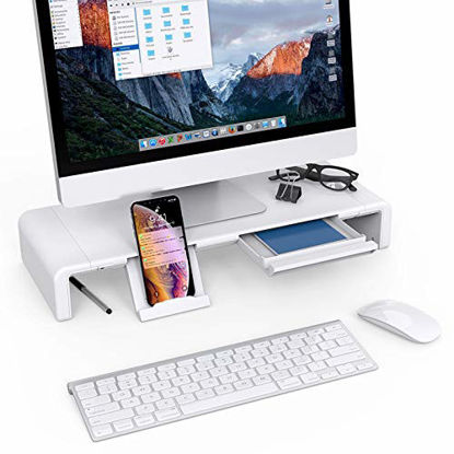 Picture of Foldable Monitor Stand Riser, Klearlook 3 Width Adjustable Computer Stand, Monitor Stand Desk Organizer with Storage Drawer Tablet and Phone Stand for Tablet Printer Laptop PC [White]