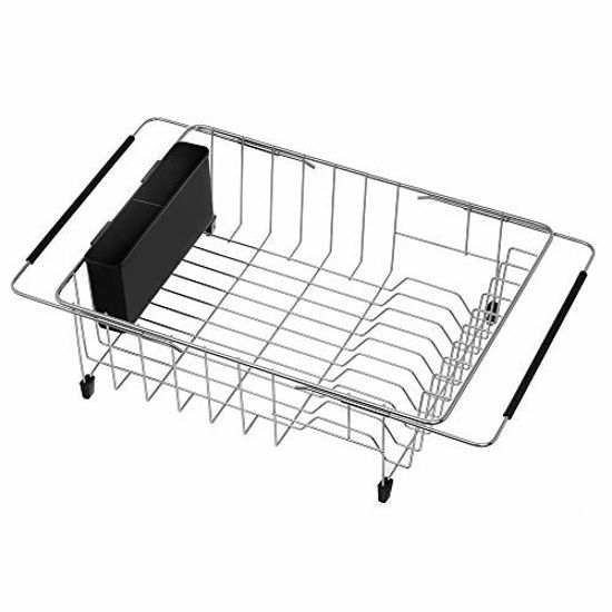 SANNO Expandable Dish Drying Rack Sink Dishes Drainer , Dish Rack with  Utensil Silverware Storage Holder Over The Sink Adjustable Arms Dish Drying