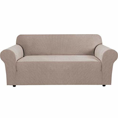 Picture of H.VERSAILTEX Modern Spandex Sofa Cover Jacquard High Stretch Sofa Slipcover Stylish Furniture Cover/Protector Sofa Cover for 3 Cushion Couch Machine Washable - Large: Sofas 72-96 Inches - Sand