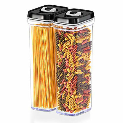 Picture of DWËLLZA KITCHEN Airtight Food Storage Containers with Lids - Same Size 2 Piece Set - Tall Air Tight Pantry & Kitchen Clear Container for Spaghetti Noodle and Pasta - Keeps it Fresh & Dry (Black Lid)