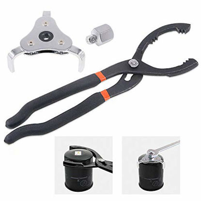 Picture of Keadic 2 Pieces 12 Inch Long Handle Oil Filter Plier and Universal Adjustable 3 Jaw 2 Way Oil Filter Wrench Remover Tool Set Perfect for Motorcycles Cars Trucks and More