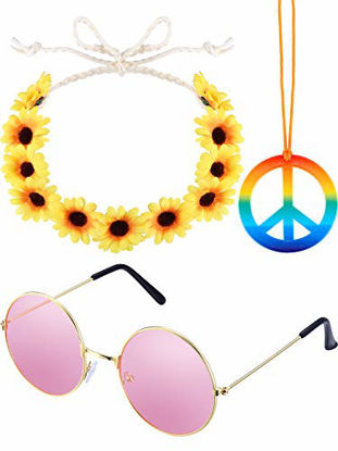 Picture of 3 Pieces Hippie Costume Set Includes 1 Piece Rainbow Peace Sign Necklace, 1 Piece Flower Crown Headband and 1 Pair of Hippie Sunglasses