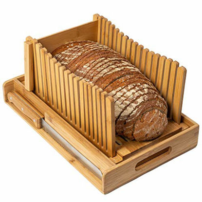 Picture of Kitchen Seven Bamboo Bread Slicer with Crumb Tray Bamboo Bread Cutter for Homemade Bread, Loaf Cakes, Bagels Slicer, 3 Slice Sizes, Adjustable, Compact, Foldable