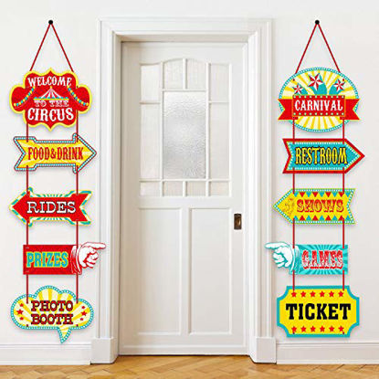 Picture of Blulu Carnival Decorations, Laminated Circus Carnival Signs Circus Theme Party Signs Carnival Party Supply Decor Paper Cutouts with 2 Ribbons and Glue Point Dots (Style A)