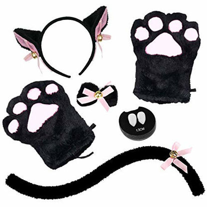 Picture of Abida Cat Cosplay Costume - 5 Pcs Cat Ear and Tail Set with Collar Paws Gloves and Vampire Teeth Fangs for Lolita Gothic Halloween-Black