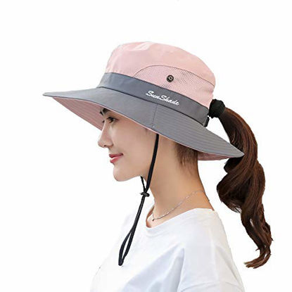 Picture of Womens UV Protection Wide Brim Sun Hats - Mesh Ponytail Cap Foldable Packable Travel Outdoor Hat (Pink)