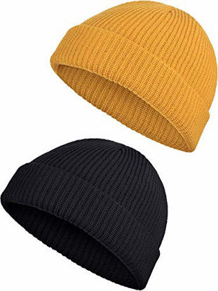Picture of SATINIOR 2 Pieces Winter Short Fisherman Beanie Hat Trawler Beanie Watch Hat Edge Skullcap for Men (Black and Yellow)
