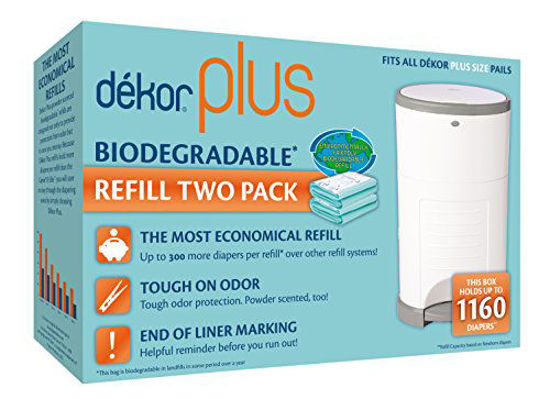 Picture of Dekor Plus Diaper Pail Biodegradable Refills | 2 Count | Most Economical Refill System | Quick and Simple to Replace | No Preset Bag Size - Use Only What You Need | Exclusive End-of-Liner Marking