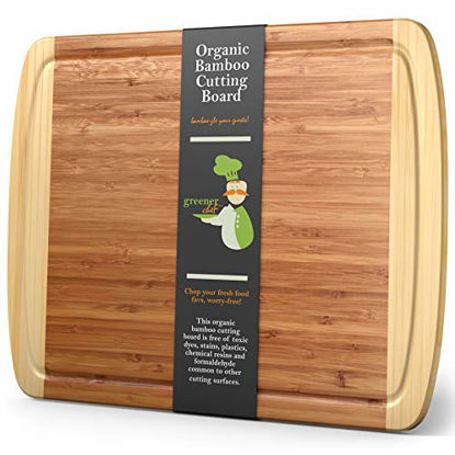 Picture of GREENER CHEF Extra Large Bamboo Cutting Board - Lifetime Replacement Cutting Boards for Kitchen - 18 x 12.5 Inch - Organic Wood Butcher Block and Wooden Carving Board for Meat and Chopping Vegetables