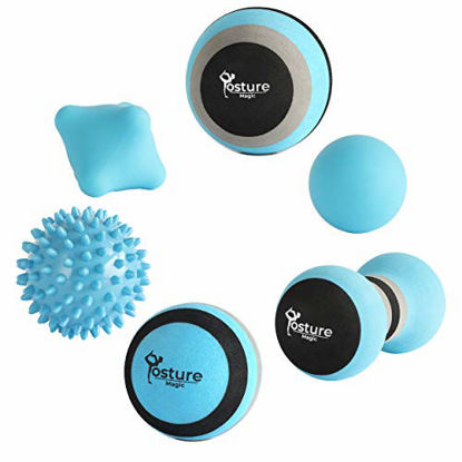 Picture of Posture Magic Massage Ball Set for Myofascial Trigger Point Release & Deep Tissue Massage - Set of 6 - Large Foam/Small Foam/Lacrosse/Peanut/Spiky/Hand Exercise Ball (Blue)