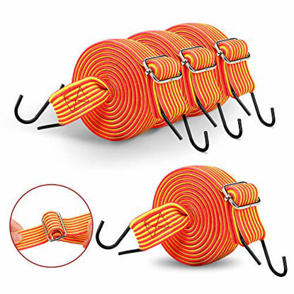 Picture of Bungee Cord, 80" Flat Adjustable Bungee Cords 4 Pack Bungee Straps with Adjustable Length Metal Buckle & Hooks for Hand Carts, Heavy Duty Cargo, Luggage Rack, Camping, Gardening, Clothesline