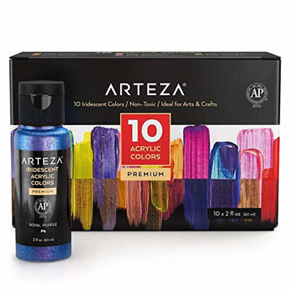 Picture of Arteza Iridescent Acrylic Paint, Set of 10 Chameleon Colors, 60ml Bottles, High Viscosity Shimmer Paint, Water-Based, Blendable Paints, Art Supplies for Canvas, Wood, Rocks, Fabrics