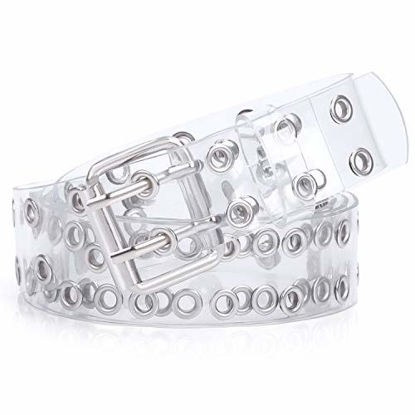 Picture of WERFORU Ladies Clear Double Grommet Belts With Holes for Teens Girls Transparent Punk Waist Belts for Jeans Shorts Thanksgiving Day(pants size below 35,silver )