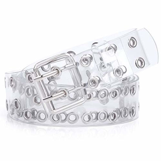 Picture of WERFORU Ladies Clear Double Grommet Belts With Holes for Teens Girls Transparent Punk Waist Belts for Jeans Shorts Thanksgiving Day(pants size below 35,silver )