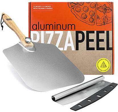 Picture of OUII Aluminum Pizza Peel 12''x14'' and Pizza Cutter 14'' Rocker Style Blade. Metal Pizza Spatula Long Handle, for Indoor and Outdoor Pizza Oven. Pastry, Dough, Bread Peel and Rocker Knife Pizza Paddle
