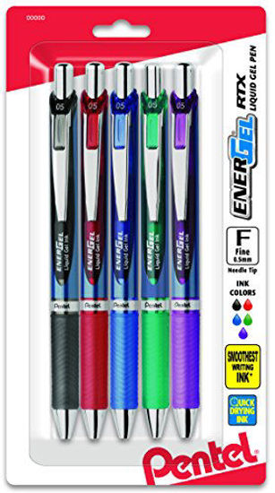 Picture of Pentel EnerGel RTX Retractable Liquid Gel Pen, 0.5mm, Metal Tip, Assorted Ink, Pack of 5 (BLN75BP5M)