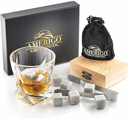 Picture of Luxury Whiskey Stones Gift Set - Set of 9 Whiskey Rocks - Reusable Ice Cubes for Drinks - Great Whiskey Gift for Man - Handcrafted Whisky Stones Set - Chilling Stones + Ice Tongs + 2 Classy Coasters
