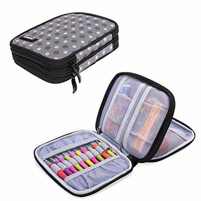 Picture of Damero Crochet Hook Case, Organizer Zipper Bag with Web Pockets for Various Crochet Needles and Knitting Accessories, Well Made and Easy to Carry, Medium, Gray Dots (No Accessories Included)