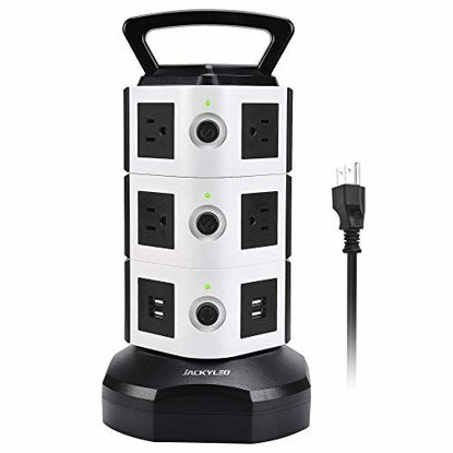 Picture of Power Strip Tower JACKYLED Surge Protector Electric Charging Station 3000W 13A 10 Outlets 4 USB Ports with 16AWG 6.5ft Heavy Duty Extension Cord for Home Office