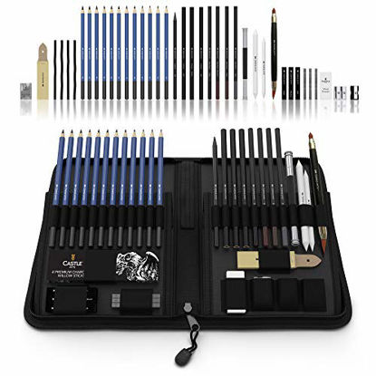 Picture of Castle Art Supplies Graphite Drawing Pencils and Sketch Set (40-Piece Kit), Complete Artist Kit Includes Charcoals, Pastels and Zippered Carry Case, Includes Rare Pop-Up Stand
