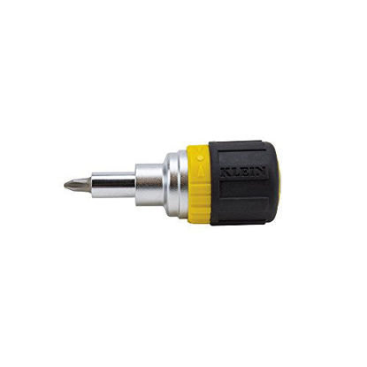 Picture of Klein Tools 32593 6-In-1 Stubby Ratcheting Screwdriver with 4 Screwdriver bits, 2 Nut Driver Bits, and a Cushioned Grip