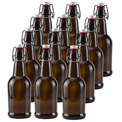 Picture of 16 oz Amber Glass Beer Bottles for Home Brewing 12 Pack with Flip Caps