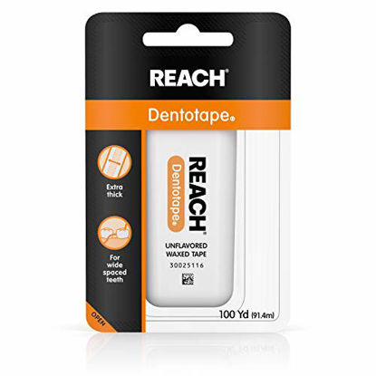 Picture of Reach Dentotape Waxed Dental Floss with Extra Wide Cleaning Surface for Large Spaces between Teeth, Unflavored, 100 Yards