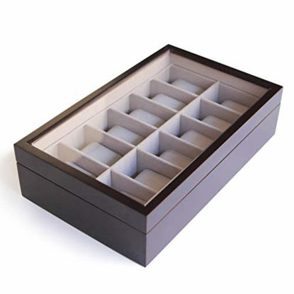 Picture of Solid Espresso 12 Slot Wood Watch Box Organizer with Glass Display Top by Case Elegance