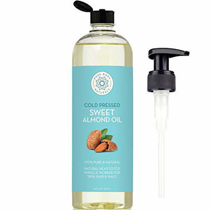 Picture of Sweet Almond Oil for Hair and Skin, 100% Pure and Cold Pressed, Hexane Free, Skin Moisturizer, Nails, Therapeutic Massage, Carrier Oil - by Pure Body Naturals 16 Fl. Ounce (Label Varies)