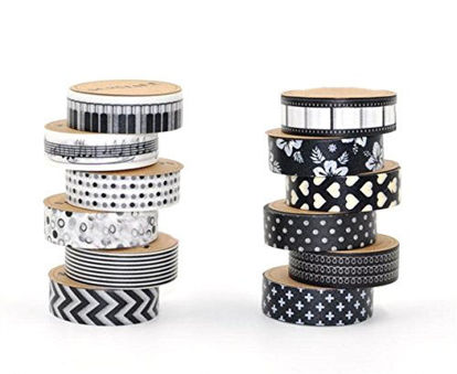 Picture of Evinis Washi Tape , DIY 15mm × 10m Decorative Masking Tape, Deco Masking Japanese Paper Washi Tape for Crafts, Scrapbooks, Day Planners, Decorating and Design, Black and White, Set of 12 Rolls