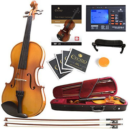 Picture of Mendini MV400 Ebony Fitted Solid Wood Violin with Tuner, Lesson Book, Hard Case, Shoulder Rest, Bow, Rosin, Extra Bridge and Strings - Size 4/4, (Full Size)
