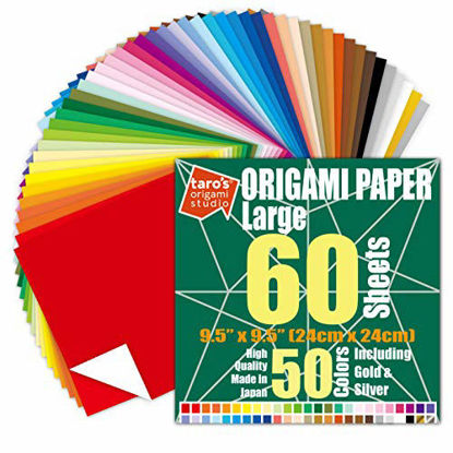 Picture of [Taro's Origami Studio] Large 9.5 Inch One Sided 50 Colors 60 Sheets Square Easy Fold Premium Japanese Paper for Beginner (Gold and Silver Included)