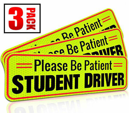 Picture of Student Driver Magnet Car Signs for The Novice or Beginner. Better Than A Decal or Bumper Sticker (Reusable) Reflective Magnetic Large Bold Visible Text (10" Be Patient Reflective)