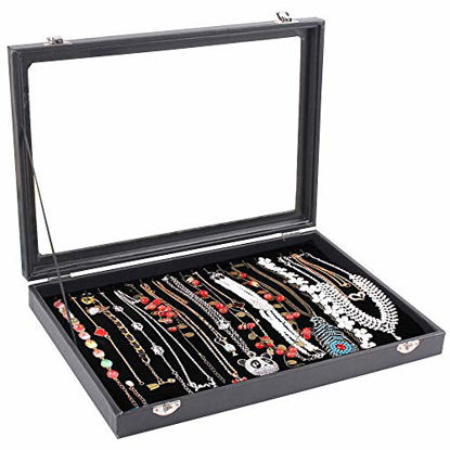 Picture of Wuligirl 20 Hooks Necklace Tray Storage Box Jewelry Display Stackable Glass Top Lockable Black Velvet Boxes(Necklace Box)