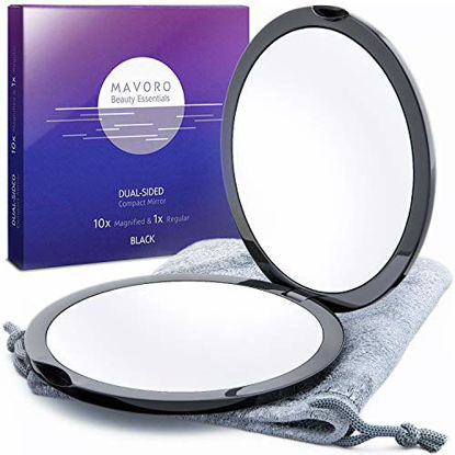 Picture of Magnifying Compact Mirror for Purses, 1x/10x Magnification - Double Sided Travel Makeup Mirror, 4 Inch Small Pocket or Purse Mirror. Distortion Free Folding Portable Compact Mirrors (Black)